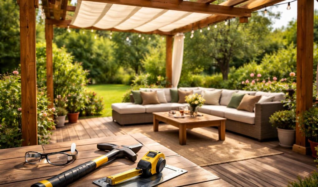 terrasse-ensoleillee-pergola-bois-jardin-outils