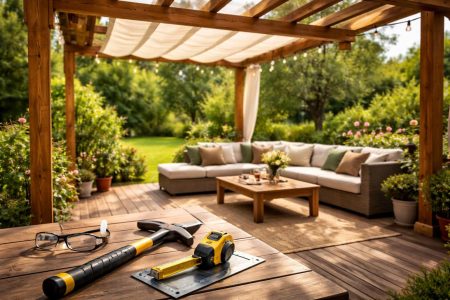 terrasse-ensoleillee-pergola-bois-jardin-outils