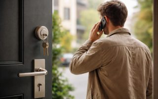 homme-dos-telephone-porte-serrure-urbaine