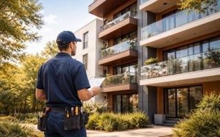 technicien-immeuble-moderne-arbres-ciel