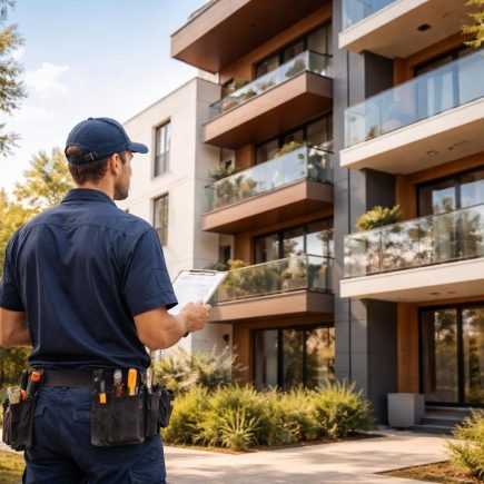 technicien-immeuble-moderne-arbres-ciel