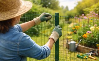 personne-gants-grillage-jardin-fleurs