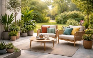 terrasse-beton-fauteuils-plantes-jardin