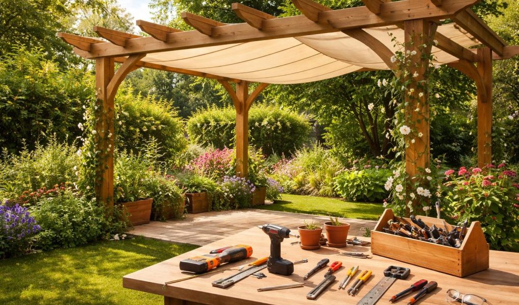 pergola-bois-jardin-outils-fleurs