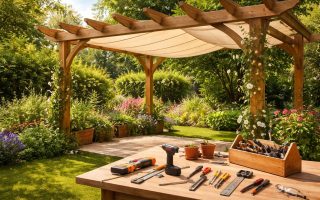 pergola-bois-jardin-outils-fleurs