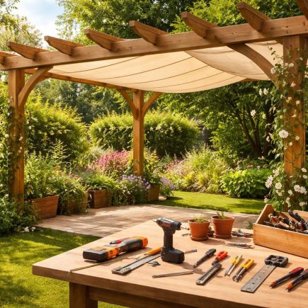 pergola-bois-jardin-outils-fleurs