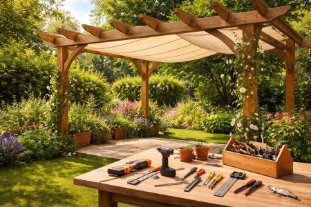 pergola-bois-jardin-outils-fleurs