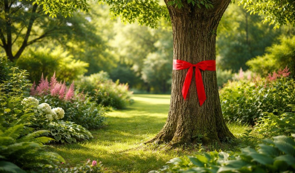 arbre-ruban-rouge-jardin-verdoyant