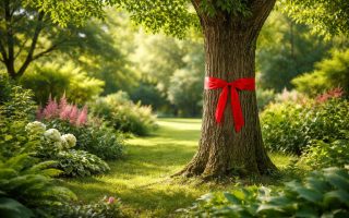 arbre-ruban-rouge-jardin-verdoyant