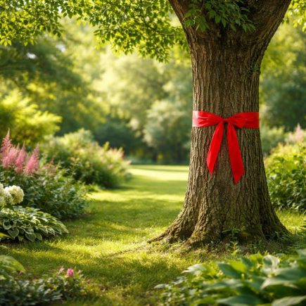 arbre-ruban-rouge-jardin-verdoyant