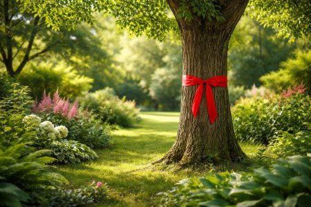 arbre-ruban-rouge-jardin-verdoyant