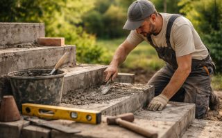 artisan-tenue-travail-escalier-beton-jardin