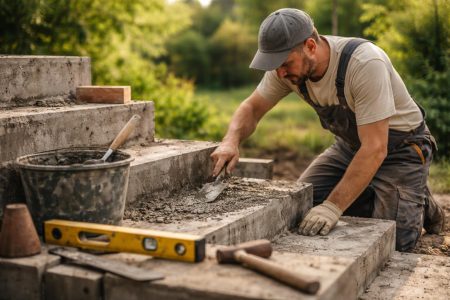 artisan-tenue-travail-escalier-beton-jardin