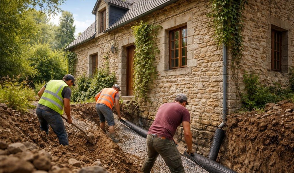 maison-pierre-ouvriers-drainage-verdure