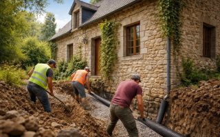 maison-pierre-ouvriers-drainage-verdure