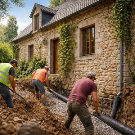 maison-pierre-ouvriers-drainage-verdure