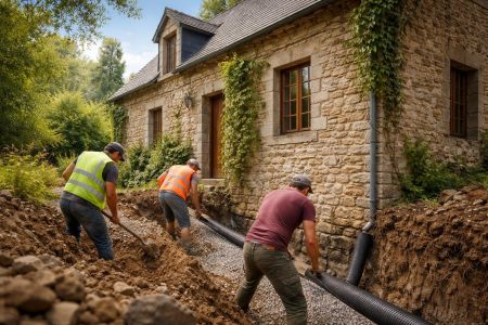 maison-pierre-ouvriers-drainage-verdure
