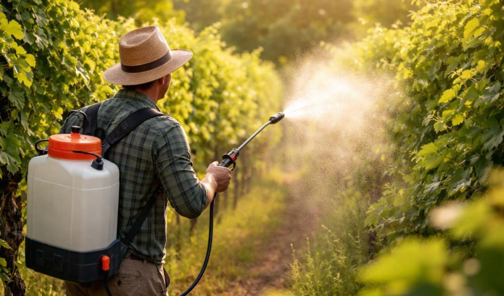 jardinier-pulverisateur-vignes-brouillard-soleil