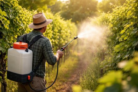 jardinier-pulverisateur-vignes-brouillard-soleil